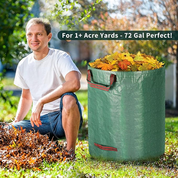 Reusable Yard Waste Bags, 72 Gallons Lawn and Leaf Bags Heavy Duty Garden Waste Bags with Reinforced Handles, 3 Pcs Foldable Leaf Collector Bag for Loading Garden Leaves, Trash - Green