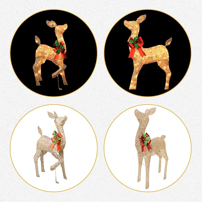 38in Christmas Deer Set Decoration for Outdoor Yard 2pc Deers, Lighted up Reindeer Outdoor Decor Champagne Gold Christmas Doe Fawn with Bow, for Christmas Tree Porch Holiday Display