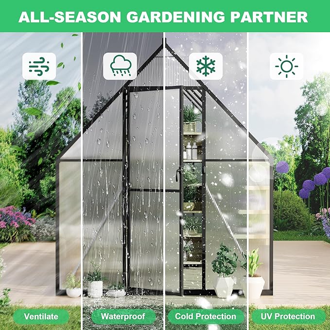 6 ft x7 ft Aluminum-Framed Polycarbonate Greenhouse, Heavy Duty Polycarbonate Greenhouse with Quick Setup Structure and Roof Vent, Large Enhanced Aluminum Green House Kit for Outdoors