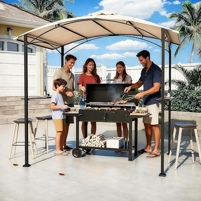 Gotland 8'x 5' Outdoor Grill Gazebo, BBQ Canopy Shelter with 2 Metal Openwork Shelving Units & 5 Tool Hooks, Curved Waterproof Top for Party, Backyard, Poolside Khaki