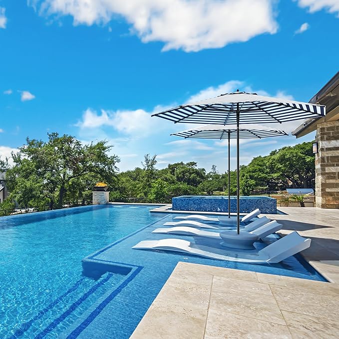 Midtown Umbrellas The Wooden 8 Feet Patio Umbrella With Terylast Navy Stripes (Navy/White Stripes) Polyester Fabric - Aluminum Frame Market Umbrella For Backyard, Deck, Garden, Pool - Wooden Pole