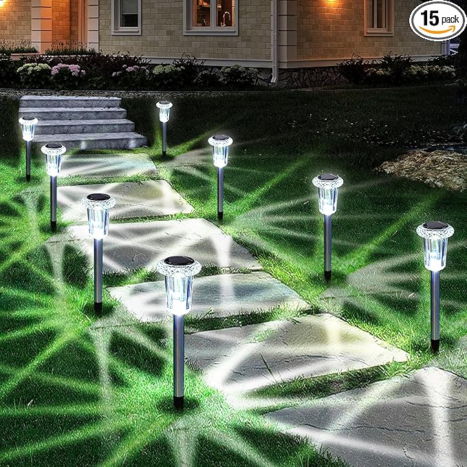 Solar Lights Outdoor, 15 Pack Waterproof Stainless Steel Solar Stake Lights for Pathway Garden Yard Path Walkway Driveway Lawn Patio Outside Decor, Cool White