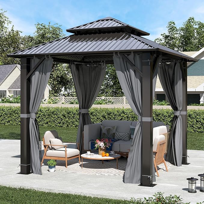 8.5' x 8.5' Hardtop Gazebo, Galvanized Steel Double Roof Gazebo with Nettings and Curtain Outdoor Aluminum Frame Vertical Stripes Roof Gazebos for Patio, Backyard, Lawn