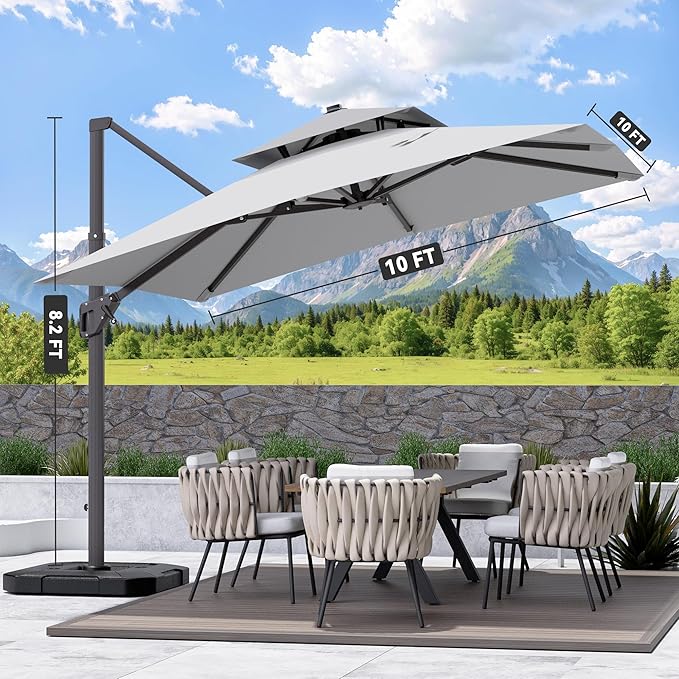 10' X 10' Cantilever Patio Umbrella Outdoor with Base Included Heavy Duty Double Top Windproof Square Offset Umbrellas with 360-degree Rotation for Pool Deck Backyard, Foggy Grey