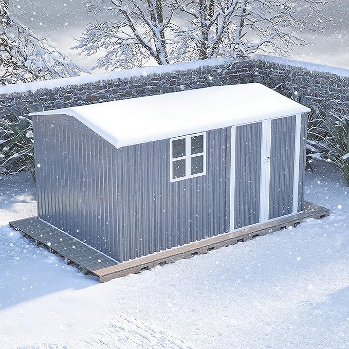 8x12 FT Shed Outdoor Storage Metal Large Garden Tool Sheds with Lockable Doors Floor Frame Window Gable Roof Waterproof Steel Utility Equipment Sheds for Backyard Patio Lawn Poolside, Grey