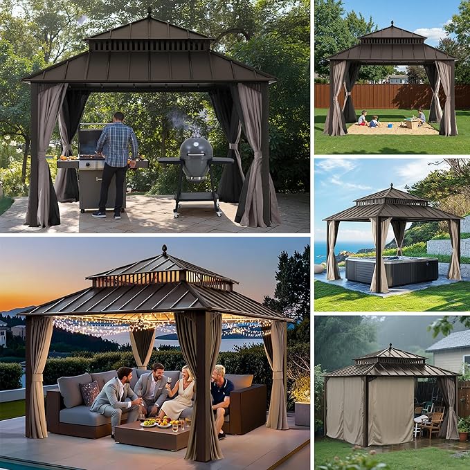 SUNJOY Kingston 12' x 12' Hardtop Gazebo with Galvanized Steel Double Roof, Curtain and Netting, Brown Aluminum Posts Permanent Pavilion Gazebo for Garden, Patio, Deck, Lawn