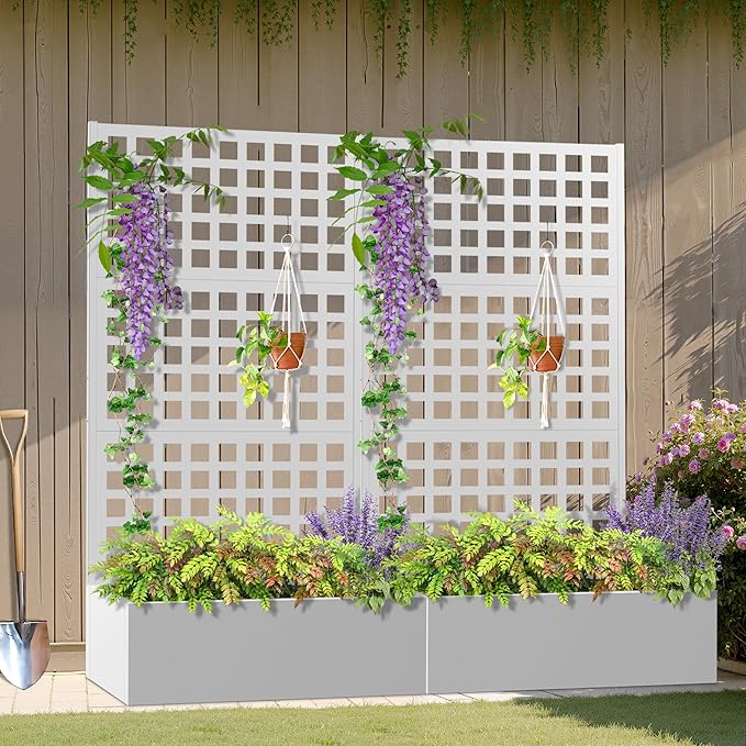 Metal Planter Box with Trellis, Heavy-Duty Raised Garden Bed for Climbing Plants, Drainage Hole, Outdoor Planter Box with Privacy Screen，35''L×16''W×71''H