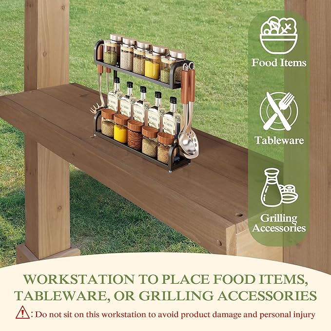 8 x 5 FT Wooden Grill Gazebo with Sloping Metal roof, 2 Full Size Grills, BBQ Canopy for Outdoor Patio, Lawn, Garden, Light Mocha Brown