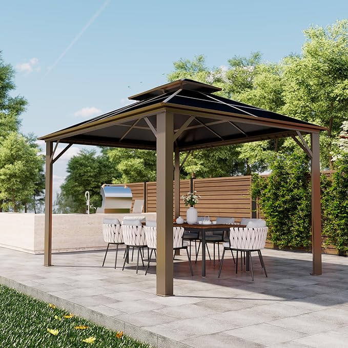 Kingdura Hardtop Gazebo 10'x10' with Double Polycarbonate Roof Canopy, Outdoor Gazebo with All-Weather Resistant Aluminum Frame Permanent Pavilion, UV Blocking for Patio Lawn Garden (Brown)