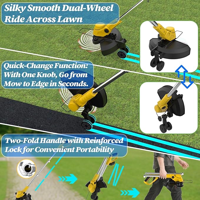20000 RPM(4.0AhX1) Electric Weed Wacker,Dual-Durable-Line,Metal Blades,Wheel,4-in-1 Cordless Weed Eater+Battery Powered String Trimmer+Edger Lawn Tool+Brush Cutter,Weed Whacker,Weed Trimmer Lawn