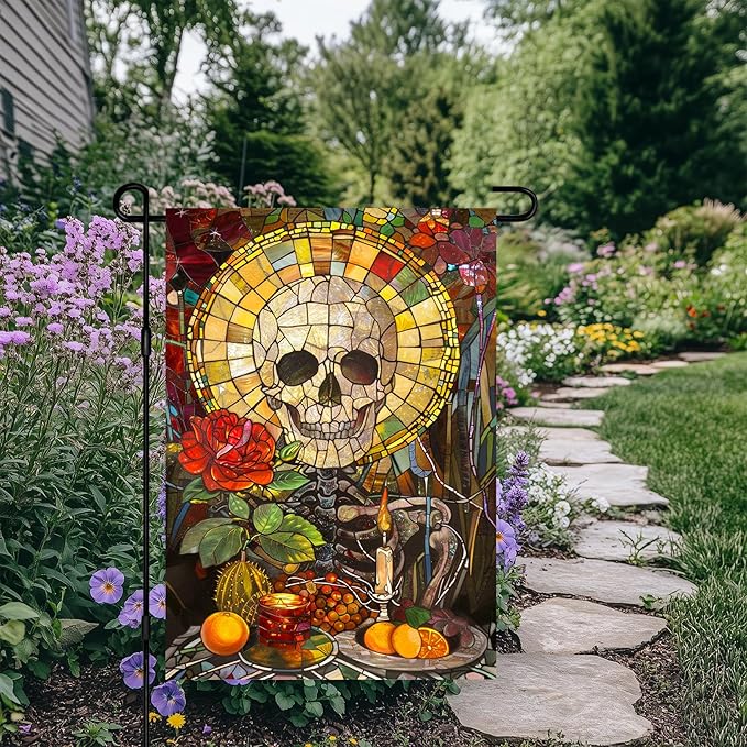 Halloween Horror Garden Flag 12x18 Inch Stained Glass Skull Candle Rose Flag Spooky Skull Outdoor Yard Decoration House Banner Porch Lawn Patio Home Decor