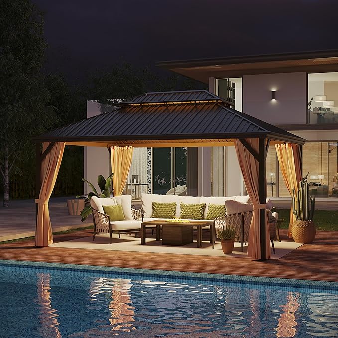 12'x16' Hardtop Gazebo Outdoor Aluminum Gazebo Double Roof Galvanized Steel Canopy with Netting and Curtains,for Garden, Backyard,Deck and Lawns