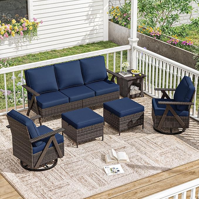 6 Piece Patio Furniture Set, Wicker Patio Conversation Set with Swivel Glider Chair and Outdoor 3-Seater Sofa and 2 Ottomans and Side Table for Deck Yard and Poolside