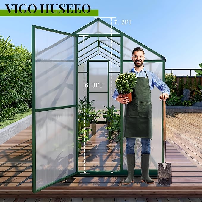 72*96in Greenhouse for Outdoors, Polycarbonate Greenhouse with Stronger Wind Protection and Roof Vent, Walk-in Large Aluminum Sunroom Winter Proof, Green