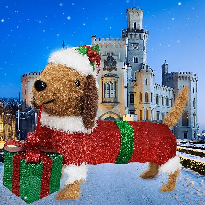 28" Long Christmas Dog Decoration with Lights,Xmas Dachshund with Hat Take a Gift Box, Weiner Dog Lighted up for Indoor Outdood Home Garden Party Yard Porch Under Christmas Tree Holiday Addition