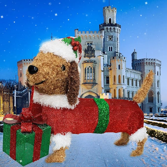 28" Long Christmas Dog Decoration with Lights,Xmas Dachshund with Hat Take a Gift Box, Weiner Dog Lighted up for Indoor Outdood Home Garden Party Yard Porch Under Christmas Tree Holiday Addition