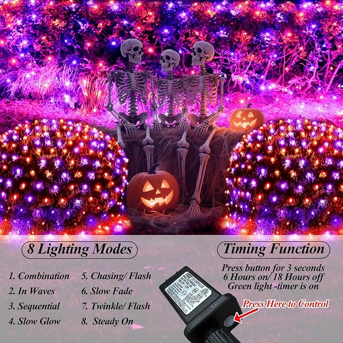 300LED Net Lights Halloween Decorations, 14.8ft x 5ft Outdoor Mesh Lights 8 Modes & Timer, Connectable Waterproof Christmas Light for Bushes Xmas Tree Party Garden Lawn, Purple Orange
