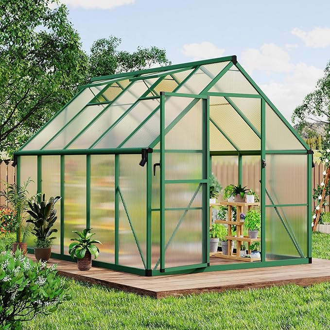 CABIHOME 8x10 FT Outdoor Greenhouse, Polycarbonate Greenhouse with Roof Vent and Ground Nails, Aluminum Large Walk-in Green House w/Lockable Push Door for Outside Garden Backyard (Green, 8x10 FT)
