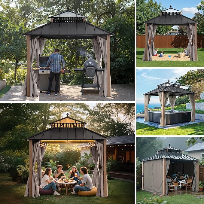 SUNJOY Kingston 10' x 10' Hardtop Gazebo with Galvanized Steel/Polycarbonate Double Roof, Curtain and Netting, Woodgrain Finish Aluminum Posts Permanent Pavilion Gazebo for Garden, Patio, Deck, Lawn
