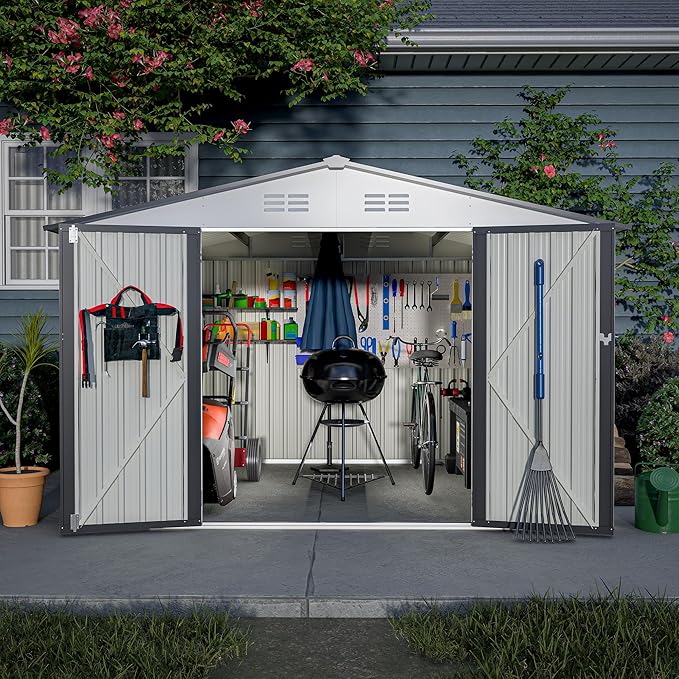 10x12 FT Metal Outdoor Storage Shed & Double Hinged Large Door - Heavy-Duty Shed with Floor, Lockable & Ventilation - Rainproof Windproof Large Utility Garden Shed for Backyard Patio Lawn