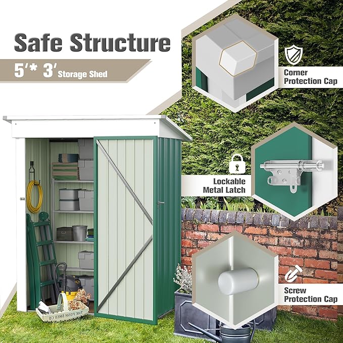 JUMMICO Metal Outdoor Storage Shed 5 x 3 FT Metal Shed with Lockable Door,Waterproof Garden Tool Shed Storage House for Backyard Patio Lawn,Green