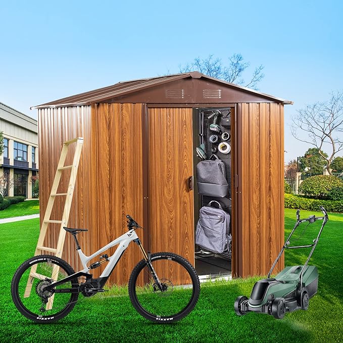 6 x 6 FT Outdoor Storage Shed, Metal Garden Shed with Floor Frame, Tool Shed Outdoor Storage with Lockable Sliding Doors & Air Vents, Storage House Waterproof for Backyard, Lawn, Coffee