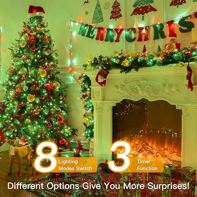 Ollny Christmas Lights 400LED 132FT, Remote Plug-in Red & Green Tree Lights with Timer and 8 Modes, Waterproof for Indoor/Outdoor Xmas Decorations
