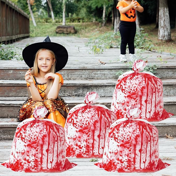 CNhoqc Halloween Lawn Leaf Bags - 4Pcs Halloween Party Bloody Large Trash Garbage Liners Refuse Strong Lawn Yard Waste Trash Bags Ply Heavy Duty Twist Ties Tear Resistant Self Standing Garden Outdoor