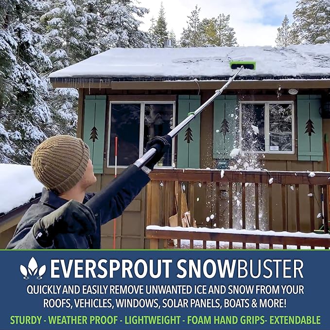EVERSPROUT Never-Scratch SnowBuster and Ice Scraper 7-to-24 Foot (Up to 30 Ft Standing Reach) | Pre Assembled Extendable Roof Rake for Snow Removal | Heavy-Duty Aluminum, Soft Foam Pad