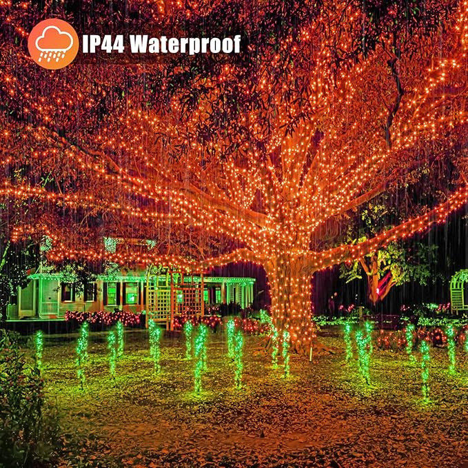 Vivideal 100ft 300 LED Orange Halloween Lights Outdoor Waterproof Halloween String Lights Indoor 8 Modes Clear Wire, Plug in Orange Christmas Light for Xmars Tree Bedroom Thanksgiving Decorations