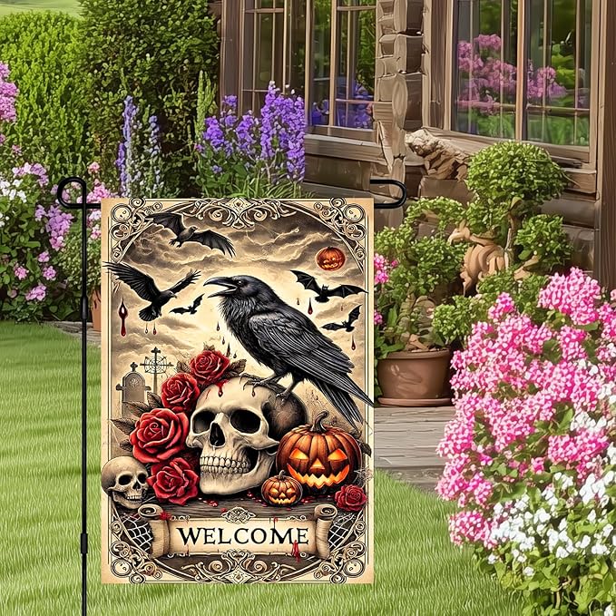 Halloween Garden Flag 12x18 Inch Gothic Skull Raven Flag Double Sided Spooky Yard Banner Pumpkin Bat Scene Outdoor Fall Decoration for Porch Lawn Patio Seasonal Welcome