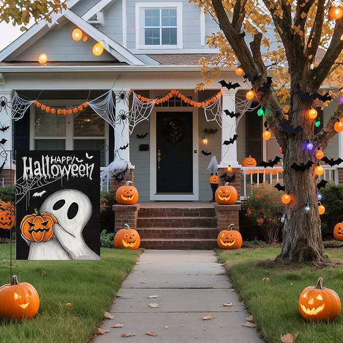 Garden Flags Set of 2 Incl. Fall Pumpkin Welcome Flag & Happy Halloween Garden Flag, Autumn Thanksgiving Holiday Harvest Burlap Yard Flag, Ghost Bats Decorations Outdoor, Double Sided 12x18 Inch