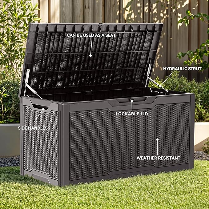 YITAHOME 100 Gallon Resin Deck Box, Weather Resistant Outdoor Storage Box, Lockable Indoor Outdoor Storage for Supplies and Essentials, Dark Brown