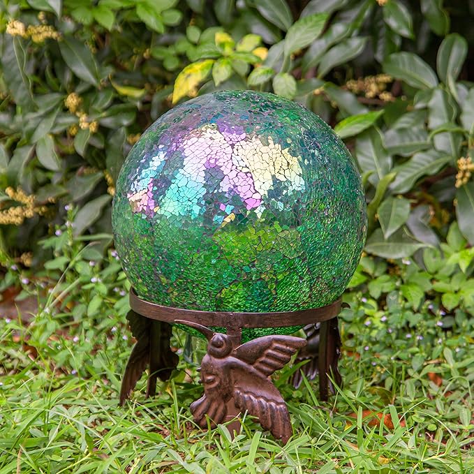 Wrought Iron Gazing Ball Stand for 10 or 12 Inch Gazing Balls – Low-Profile Garden Orb Holder, Outdoor Decorative Display for Yard, Patio, and Lawn Decor，Hummingbird