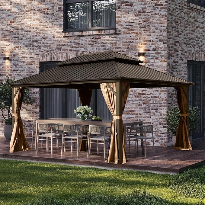 Domi 10' x 14' Hardtop Gazebo Permanent Metal Gazebo with Galvanized Steel Double Roof, Curtains and Netting for Party, Wedding, Outdoor Dining, Patio, Backyard, Brown