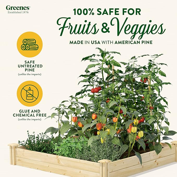 Greenes Fence Original Pine Raised Garden Bed, 4' x 4' x 7" - Made in USA with American Pine
