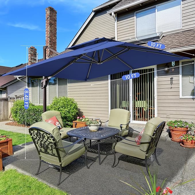 10x10 FT Cantilever Patio Umbrella with Base Included Double Top Outdoor Square Large Heavy Duty Aluminum Offset Umbrellas with 7 Level Tilt 360-degree Rotation for Pool Garden Deck,Navy