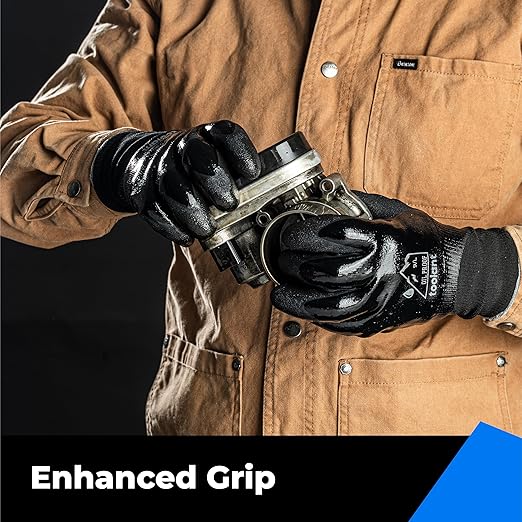 Waterproof Gloves Bulk Pack for Men and Women, 3 Pairs, Freezer Gloves with Grip, Double Nitrile Dipped for Extreme Oil Repellent, for Construction, Mechanics, Mining, Plumbing, Black, Large