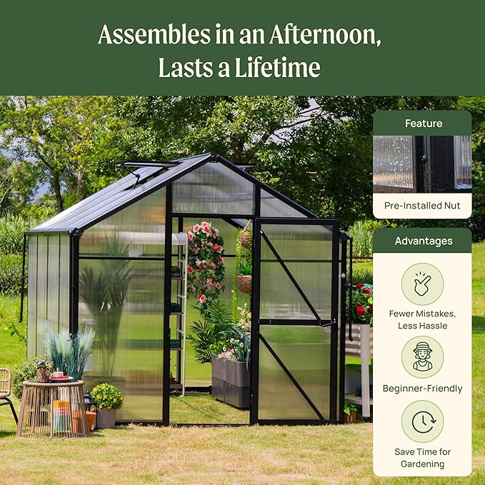 Vego Garden Junior Victorian Greenhouse 8ft – Durable Aluminum Frame with Polycarbonate Panels – All-Season Greenhouse for Backyard or Patio
