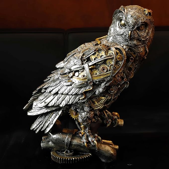Steampunk Owl Statue 11.6'' H Metallic Silver and Gold Gothic Collectible Animal Figurine Wisdom Gift Owl Sculpture for Home Office Decoration Living Room Tabletop Mantel