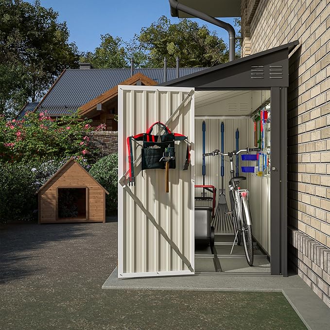4×8 FT Lean to Metal Shed,Outdoor Heavy-Duty Storage Shed with Floor Base,All Weather Waterproof Garden Tool House W/Lockable Door&2 Air Vent,Reversible Door Design,for Backyard,Patio,Lawn,Black