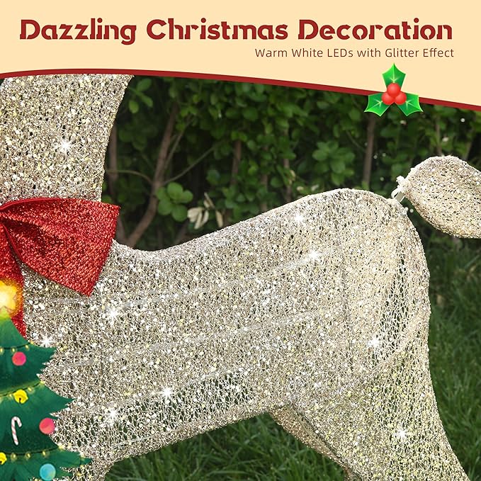 4.5Ft Lighted Reindeer Outdoor Christmas 2D Deer Family Sets Outdoor Reindeer Christmas Yard Decoration with LEDs/Stakes/Zip Ties for Holiday Patio Lawn Garden