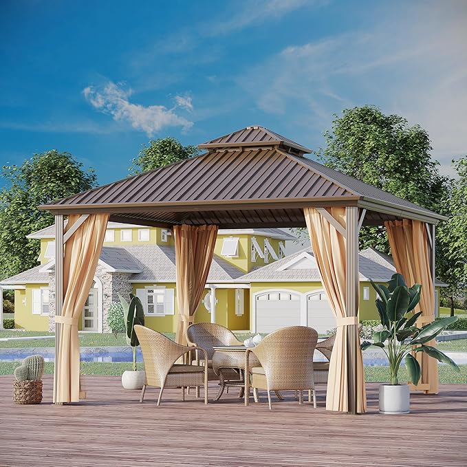 12x12 ft Hardtop Gazebo Outdoor Aluminum Patio Gazebo Double Roof Galvanized Steel Canopy with Netting and Curtains for Garden, Backyard,Deck and Lawns
