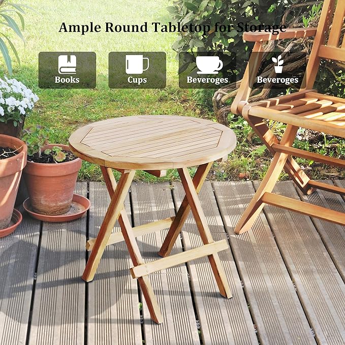 OTSUN Teak Outdoor Side Table,Patio Table with Adjustable Feet, Small Round Side Tables, Elegant Accent Outdoor Tables for Balcony Porch Poolside(Round Tables Folding)