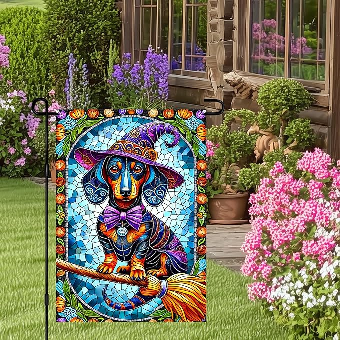 Happy Halloween Garden Flag 12x18 Inch Dachshund Witch Dog Flag Stained Glass Style Yard Banner Double Sided Halloween Outdoor Decorative Flag for Porch Lawn