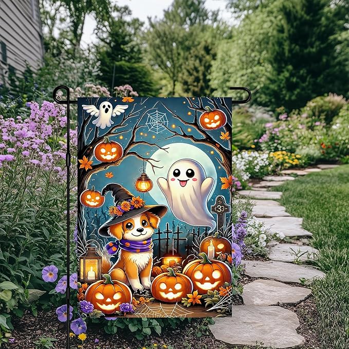 Halloween Horror Garden Flag 12x18 Inch Cute Ghost Dog Witch Hat Pumpkin Lantern Flag Spooky Outdoor Yard Decor House Banner Porch Lawn Patio Home Decoration