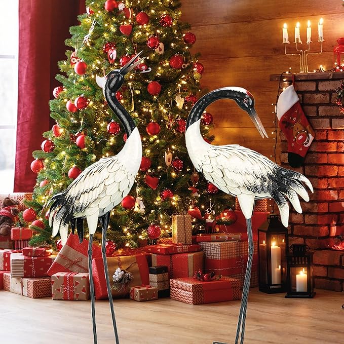 chisheen Garden Crane Statues Outdoor Heron Red Crowned Crane Metal Yard Art Sculpture,Set of 2