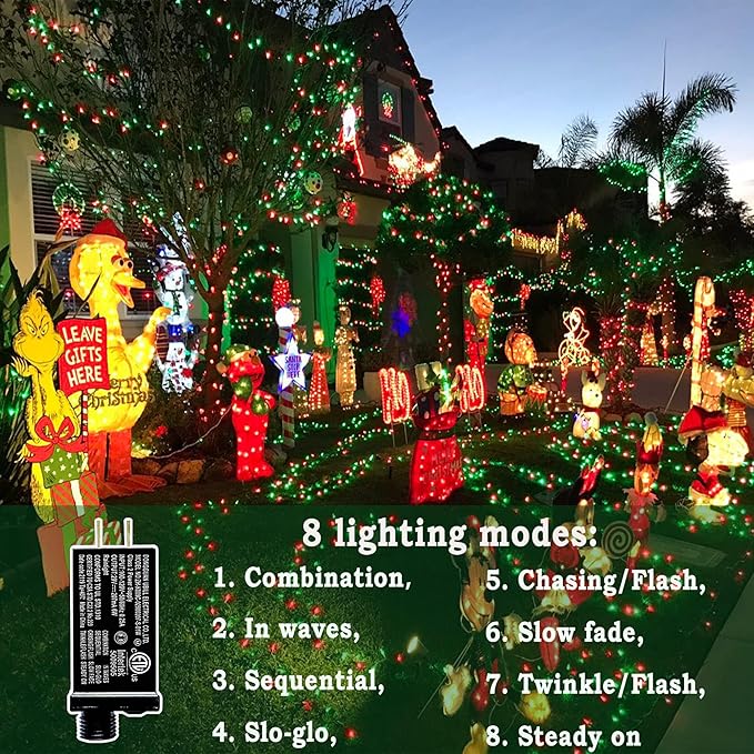 KNONEW Outdoor Christmas Lights 500 LED 197ft String Lights 8 Modes & Memory Fairy Light Plug in Waterproof LED String Lights for Xmas Yard Tree Wedding Decoration (Red and Green)