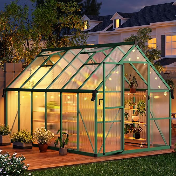 8x12 FT Outdoor Greenhouse, Polycarbonate Greenhouse with Roof Vent and Ground Nails, Aluminum Large Walk-in Green House w/Lockable Push Door for Outside Garden Backyard (Green, 8x12 FT)