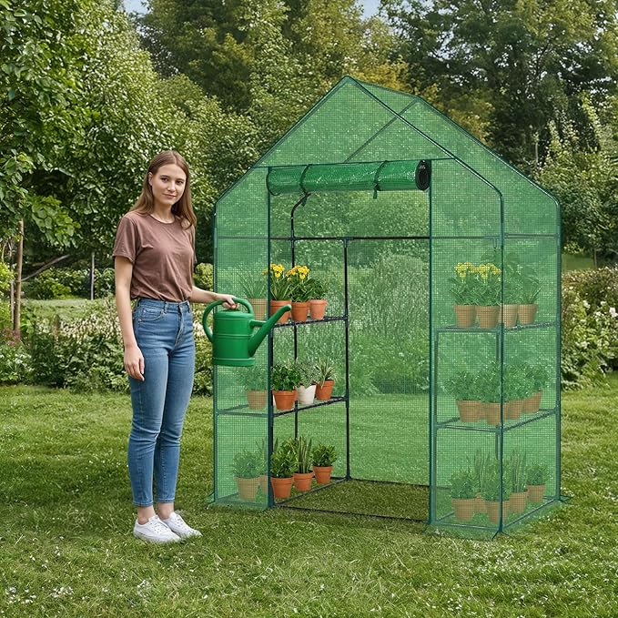 Outvita Walk-in Greenhouse, Outdoor Durable PE Plant Green House for Frost Protection with 3 Tiers 4 Shelves, Shelf Clips, Roll-up Zipper Door, 56"x29"x77" Green